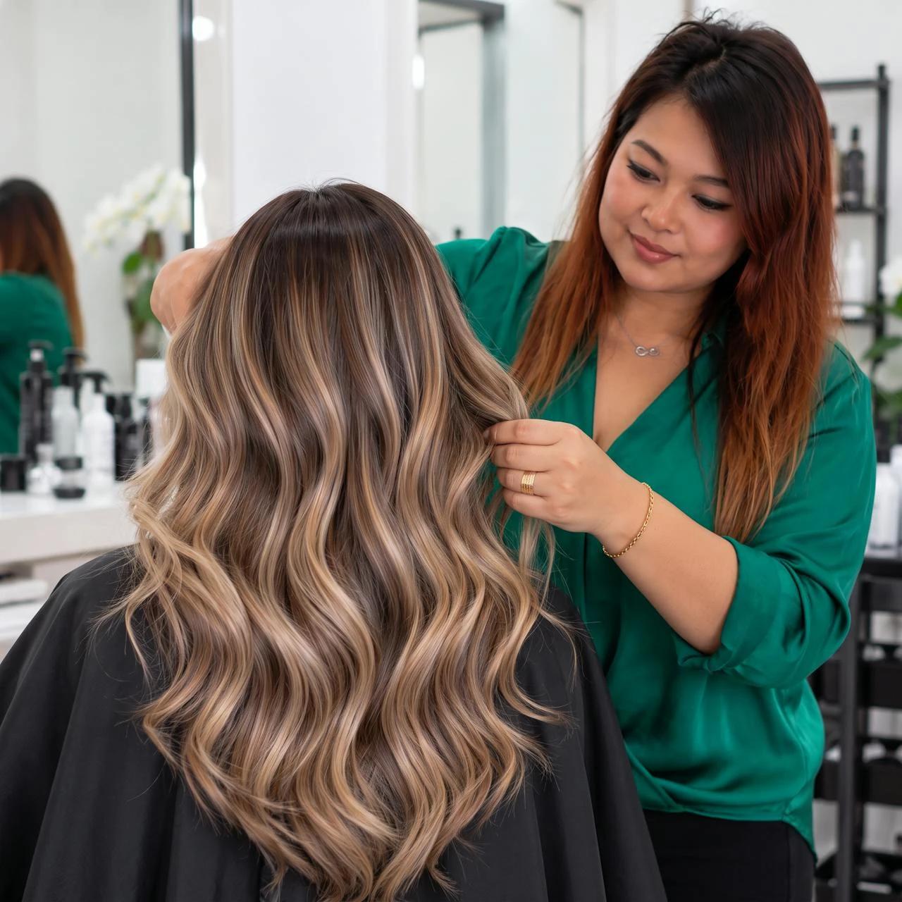 Sai checking a client's caramel balayage waves, Salon Rawai