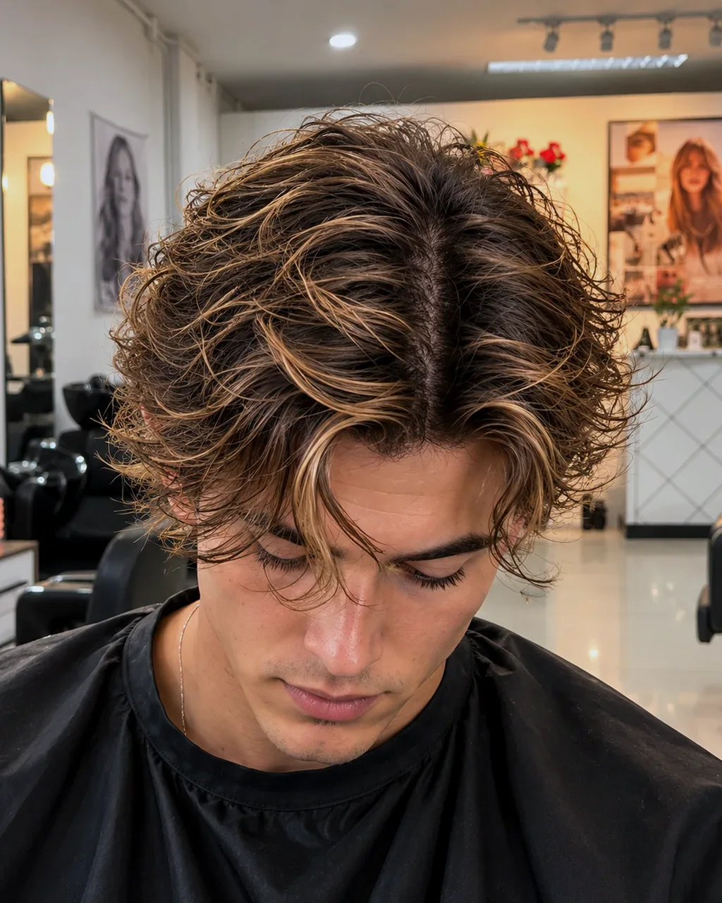 Man with curly medium-length hair and caramel highlights, Salon Rawai