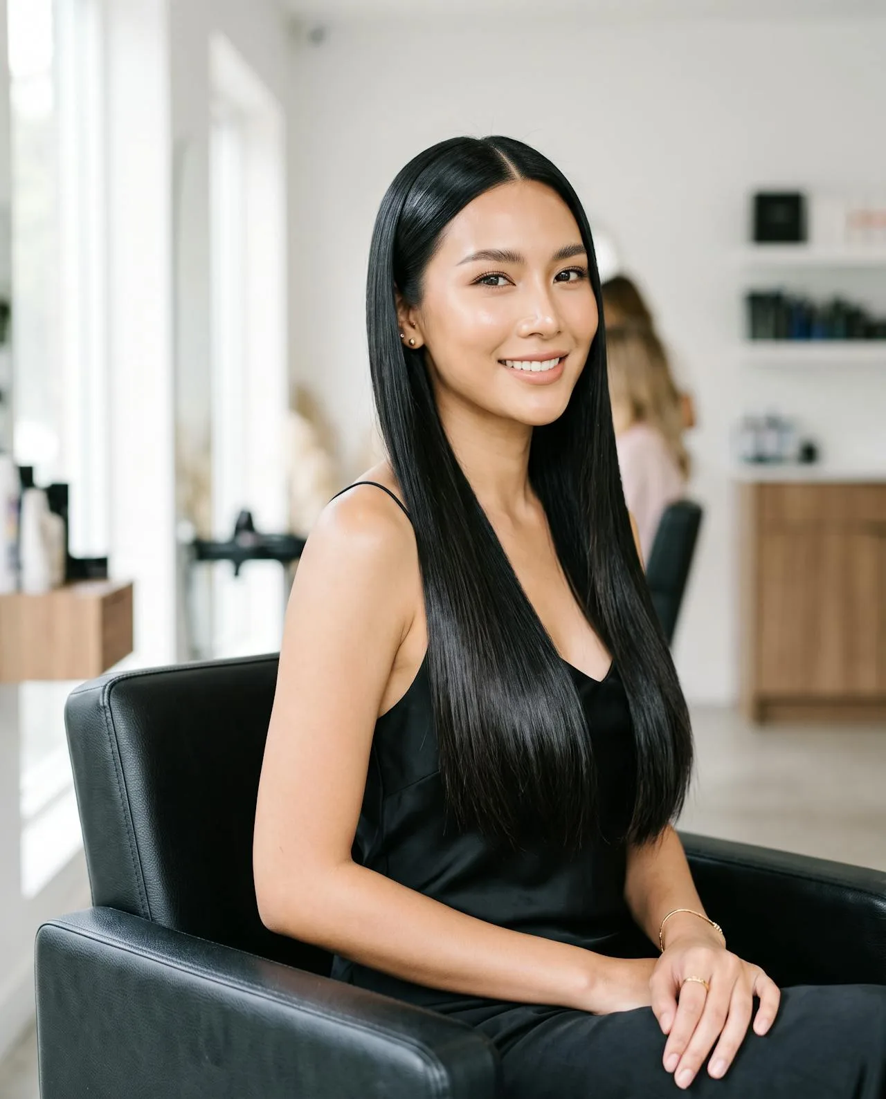 Thai woman with sleek glass-straight hair, Salon Rawai